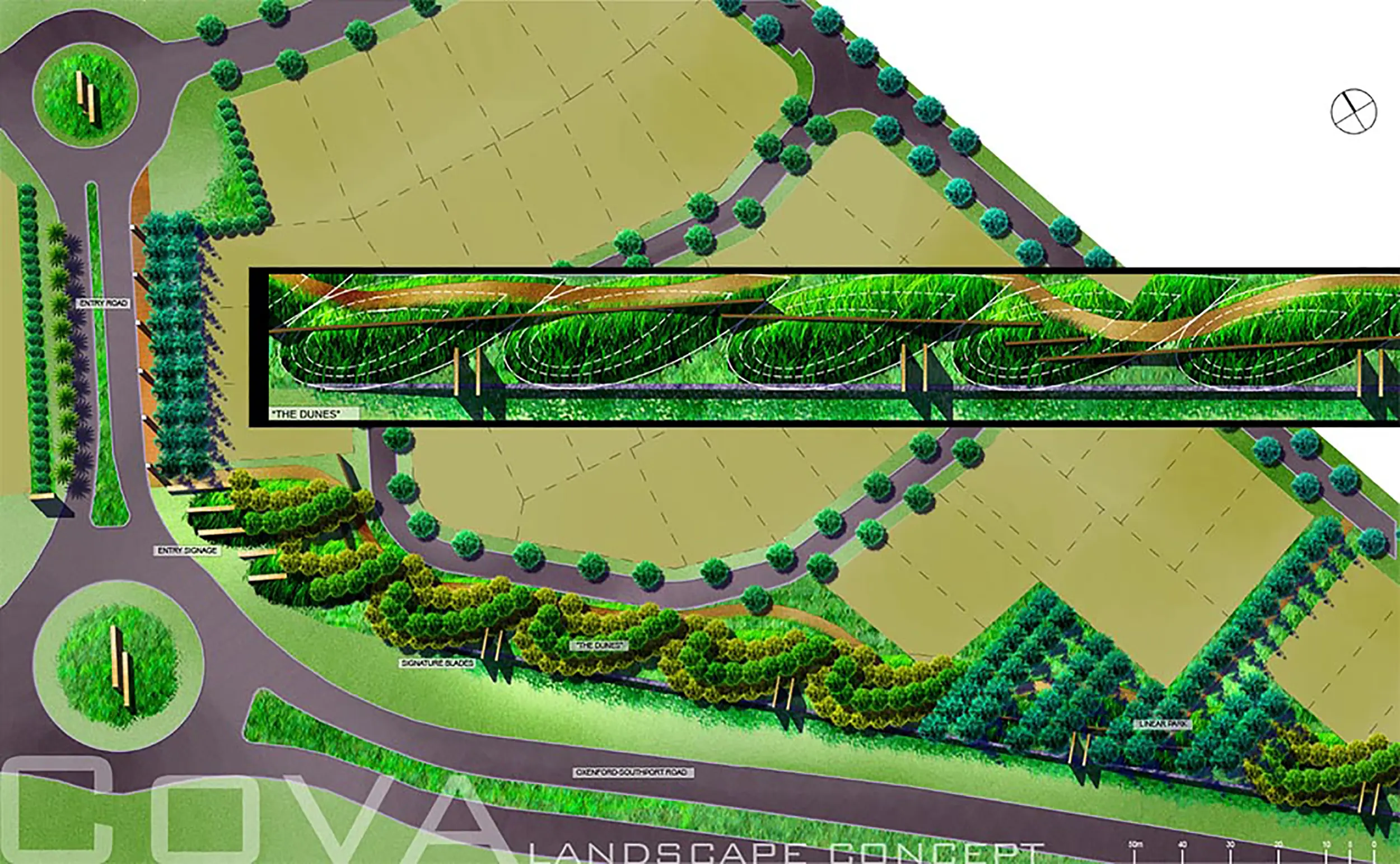 Rendered entry road landscape concept plan