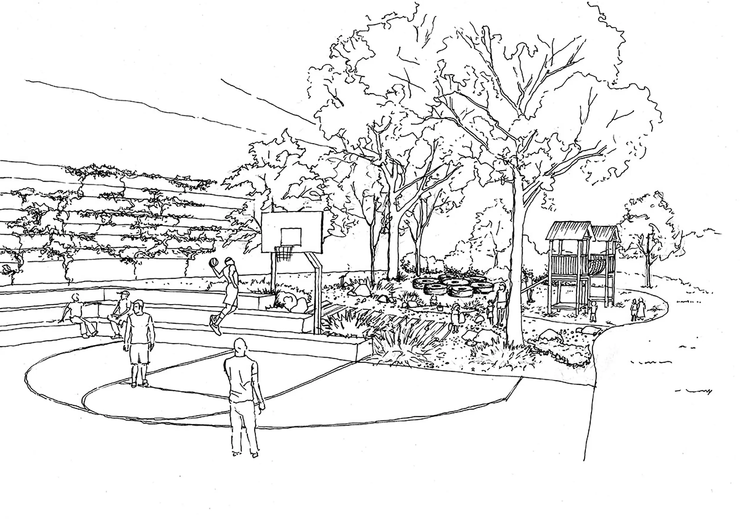 Black and white sketch of PCYC Nerang recreational area